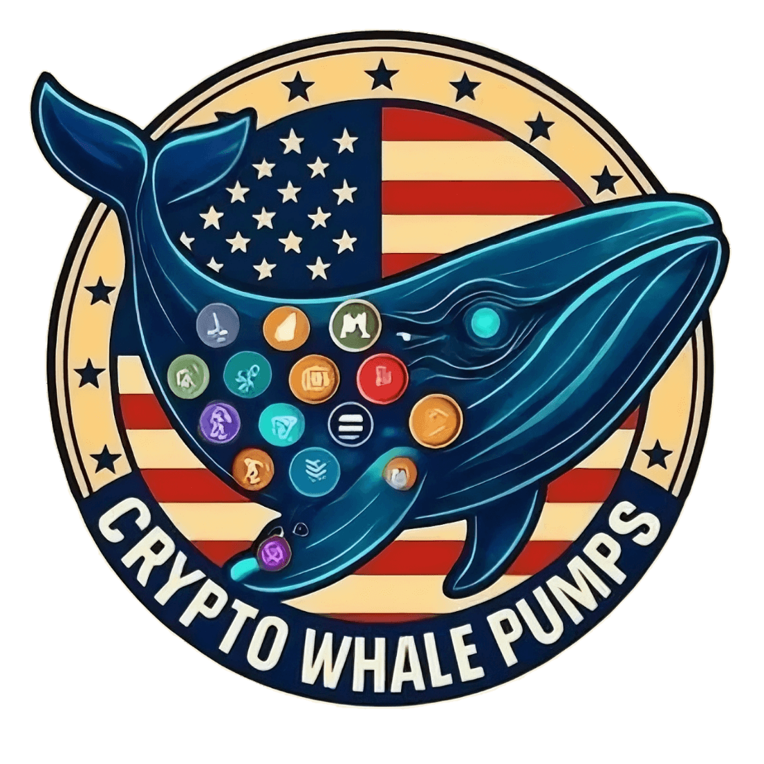 Blue whale with crypto icons over an American flag, labeled 'CRYPTO WHALE PUMPS'.